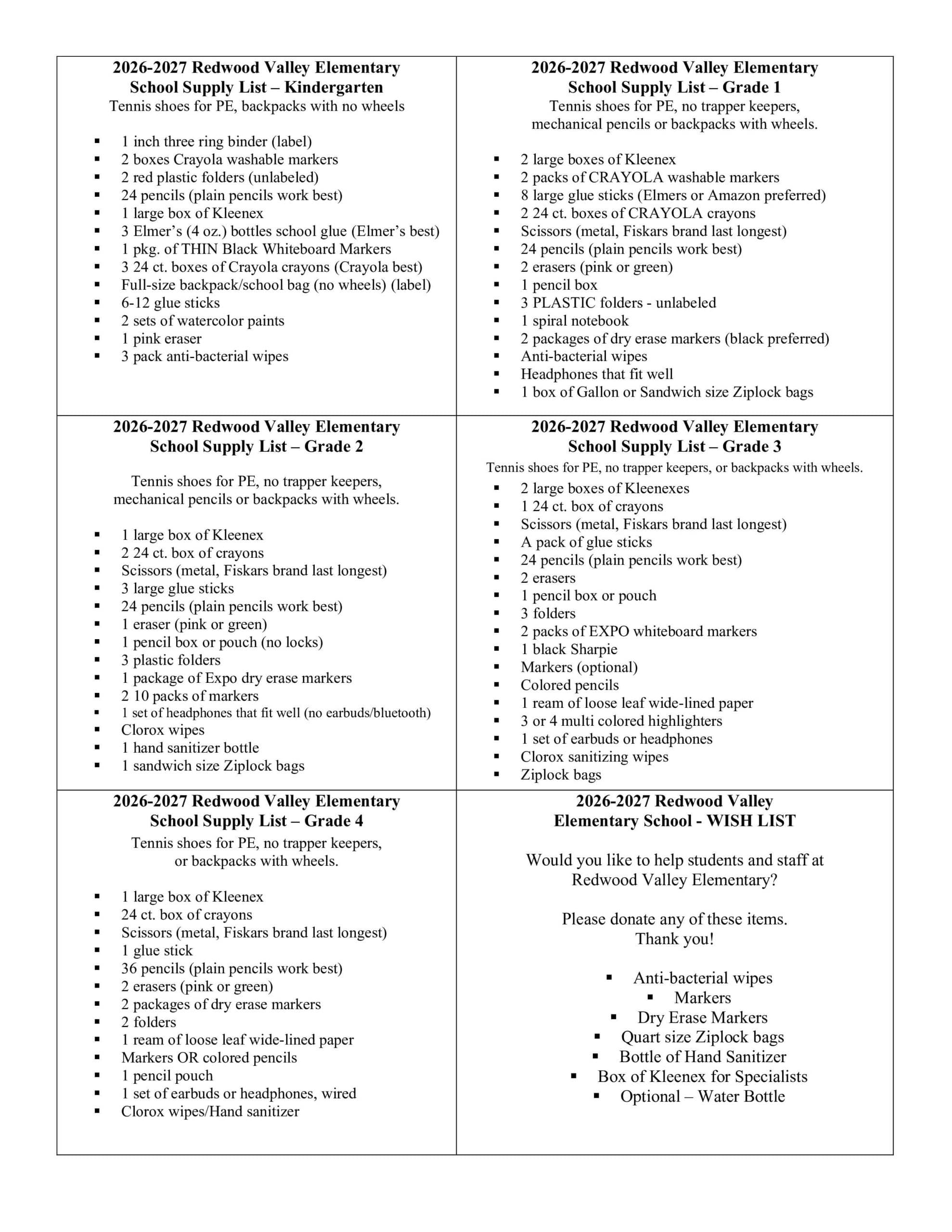 Redwood Valley Elementary School Supplies List