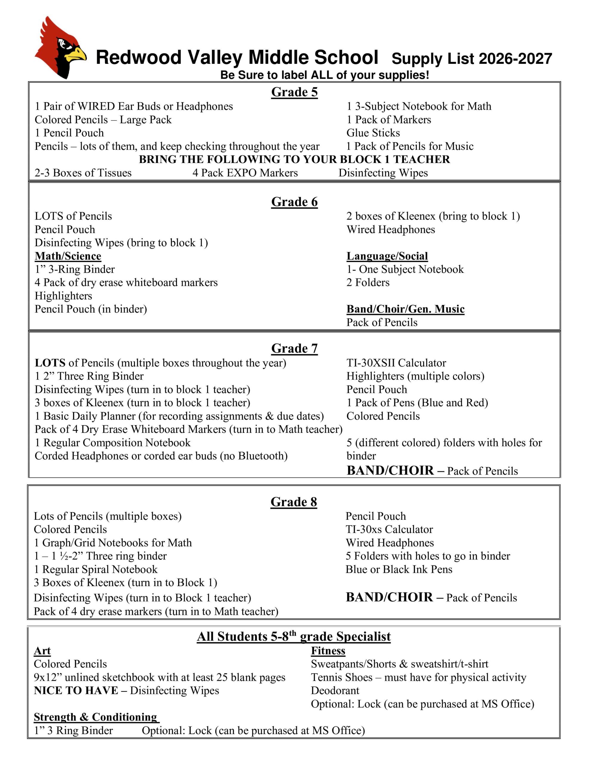 Middle School Supply List